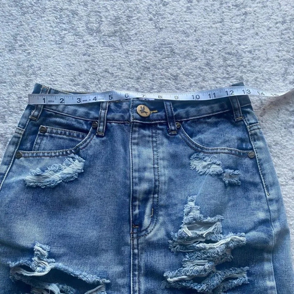 One by One Teaspoon Jean denim Skirt High Rise Fitted Mid Length distressed 25 - Picture 12 of 12